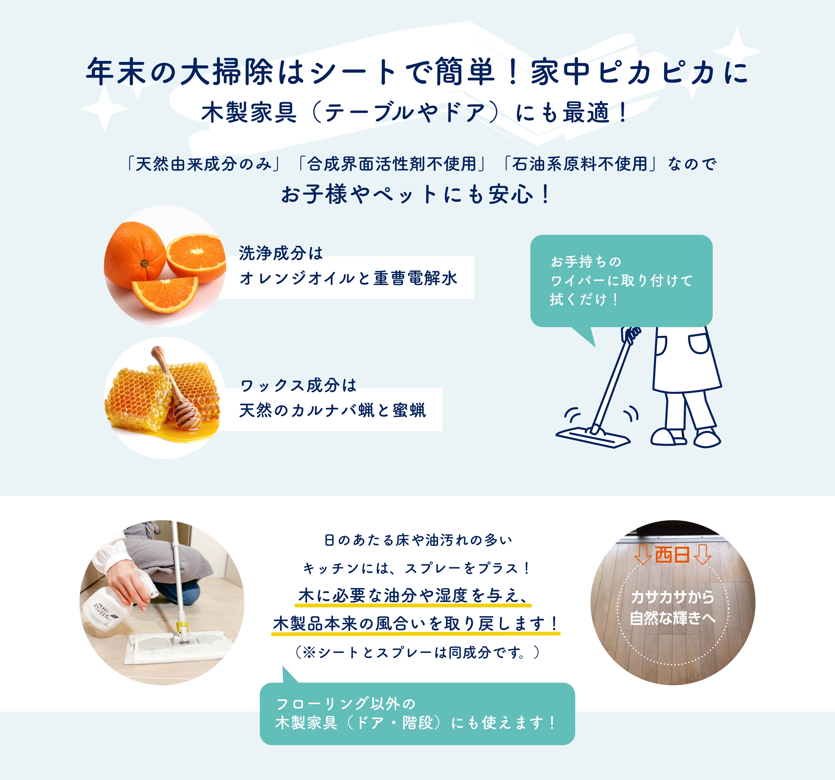 年末の大掃除はシートで簡単!家中ピカピカに 木製家具(テーブルやドア)にも最適!